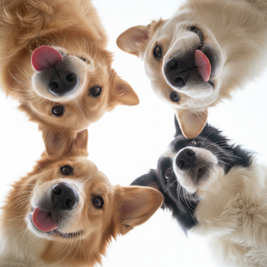 Four curious dogs looking down at you